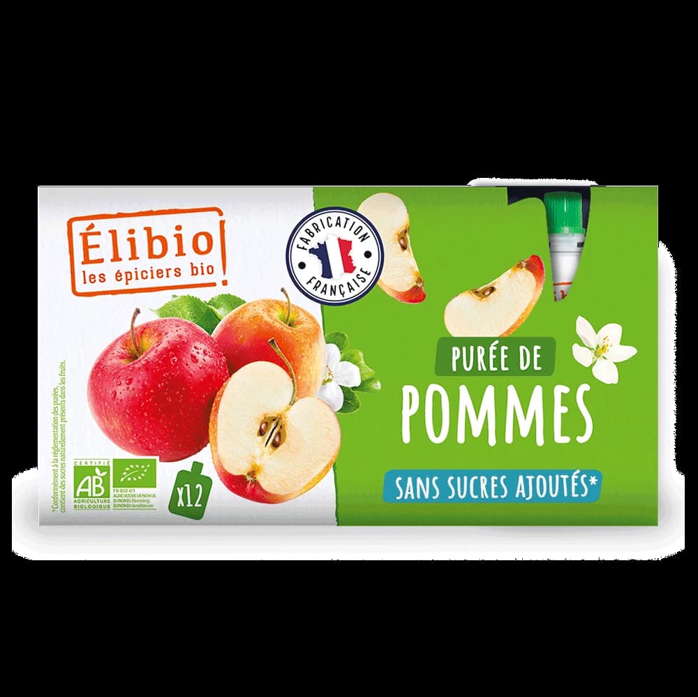 Purée de pomme sans sucres ajoutés bio gourde — 12 × 90 g — Elibio