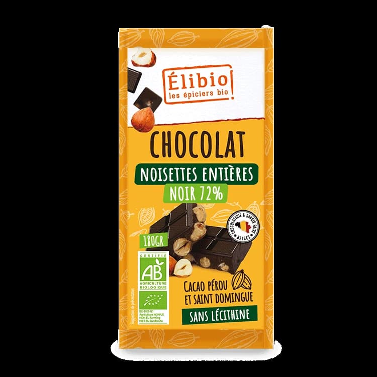 Tablette au chocolat noir 72% noisettes entières bio — 180 g — Elibio