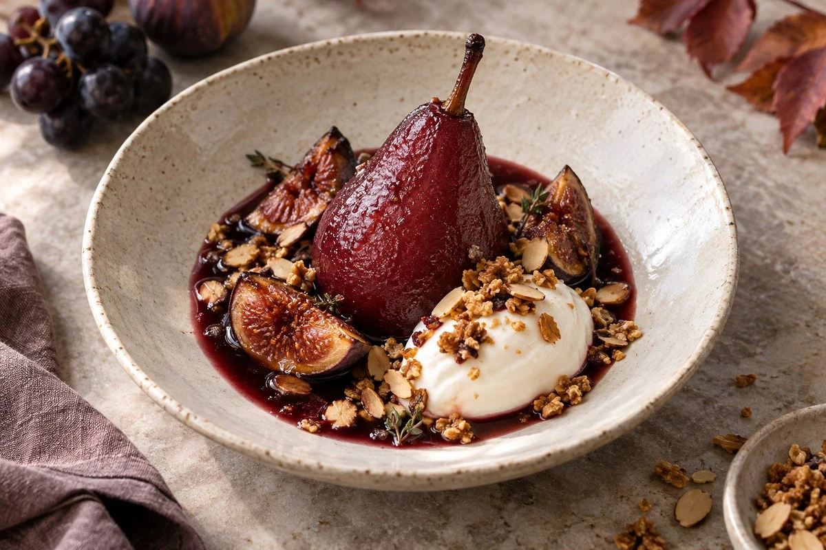Poires pochées au raisin, figues rôties et granola croustillant