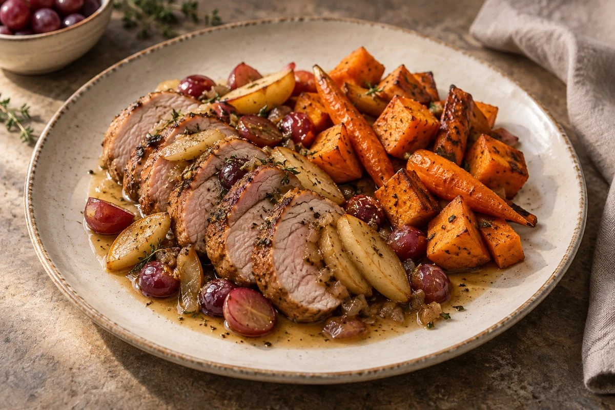 Filet mignon aux pommes et raisins, patates douces rôties