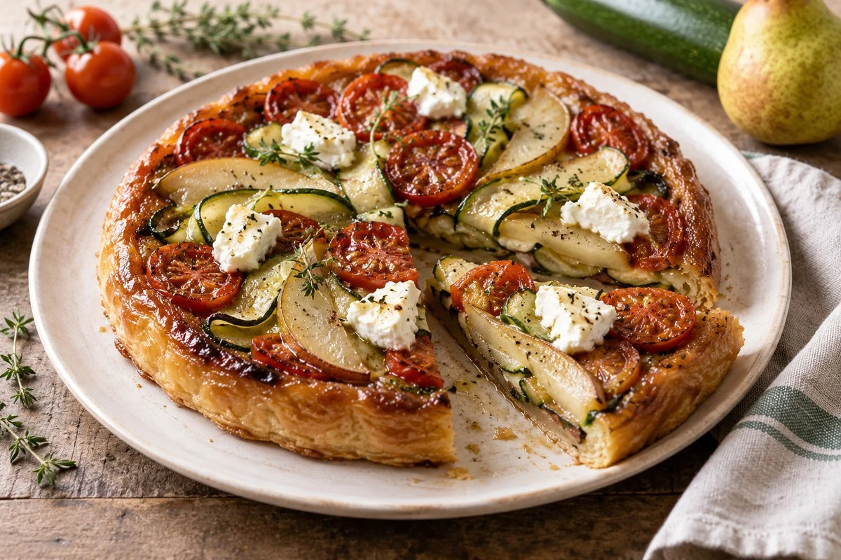 Tatin salée de tomates, courgettes et poires au chèvre