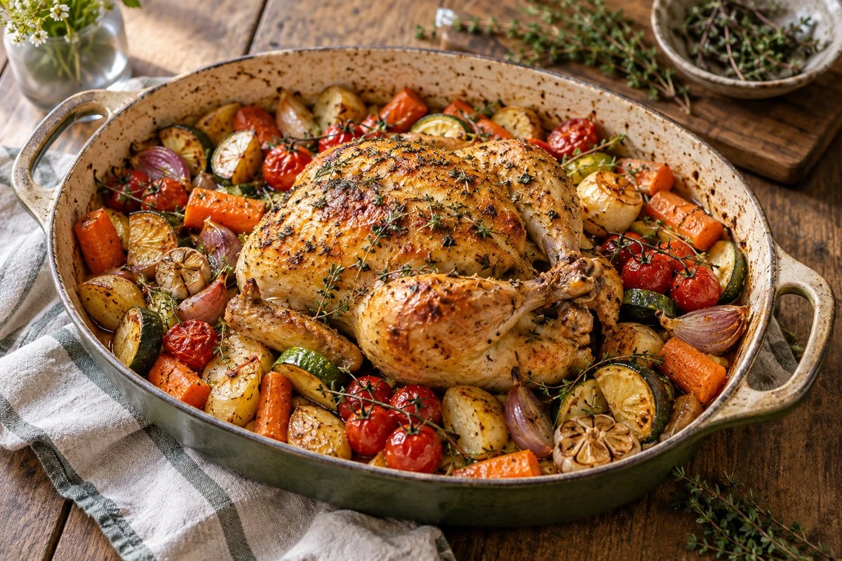 Poulet rôti au miel et au thym, légumes d’automne