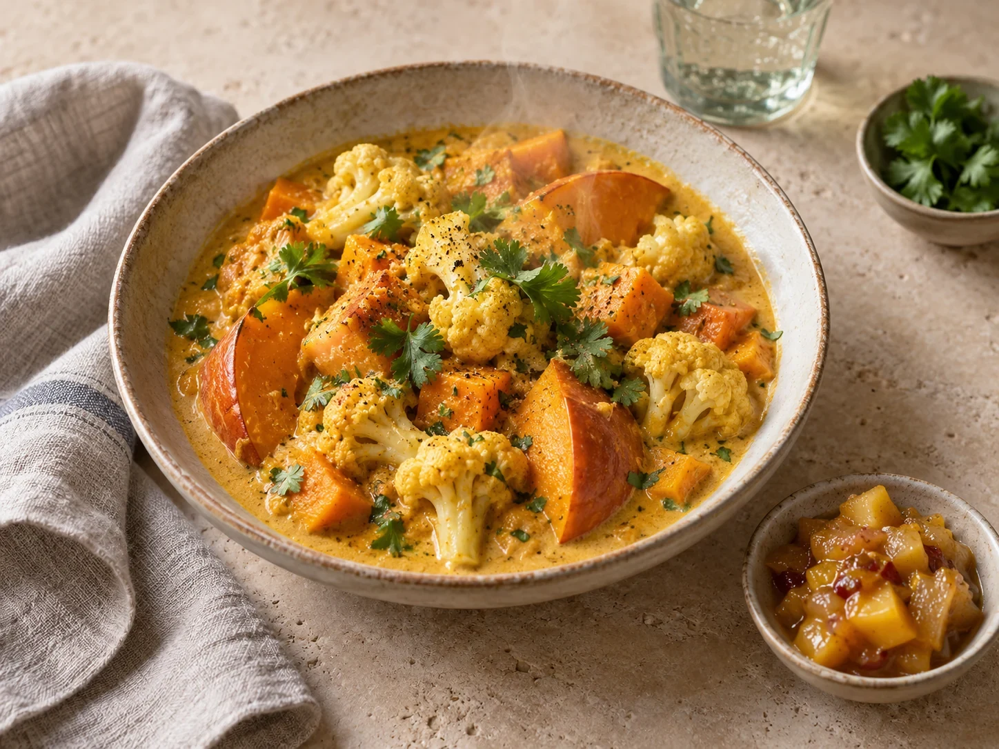Curry crémeux de potimarron, chou-fleur et patate douce, chutney mangue-poire