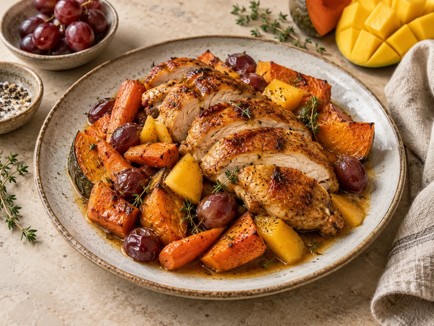Poulet rôti à la mangue et aux clémentines, légumes d’automne dorés