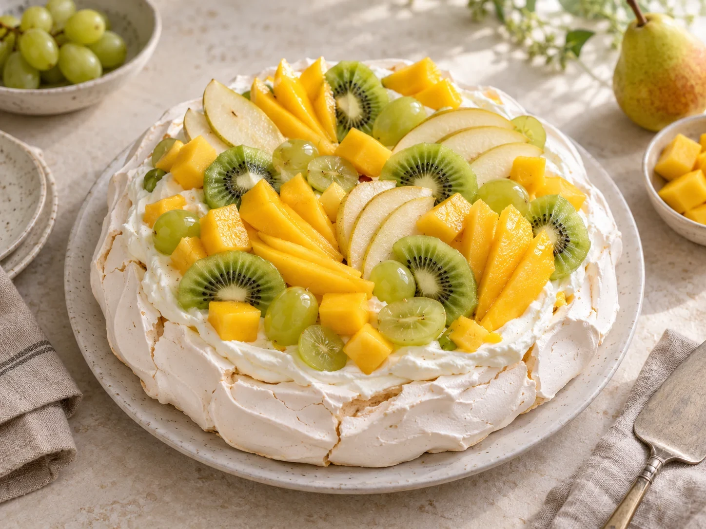 Pavlova mangue, kiwi, poire et clémentine