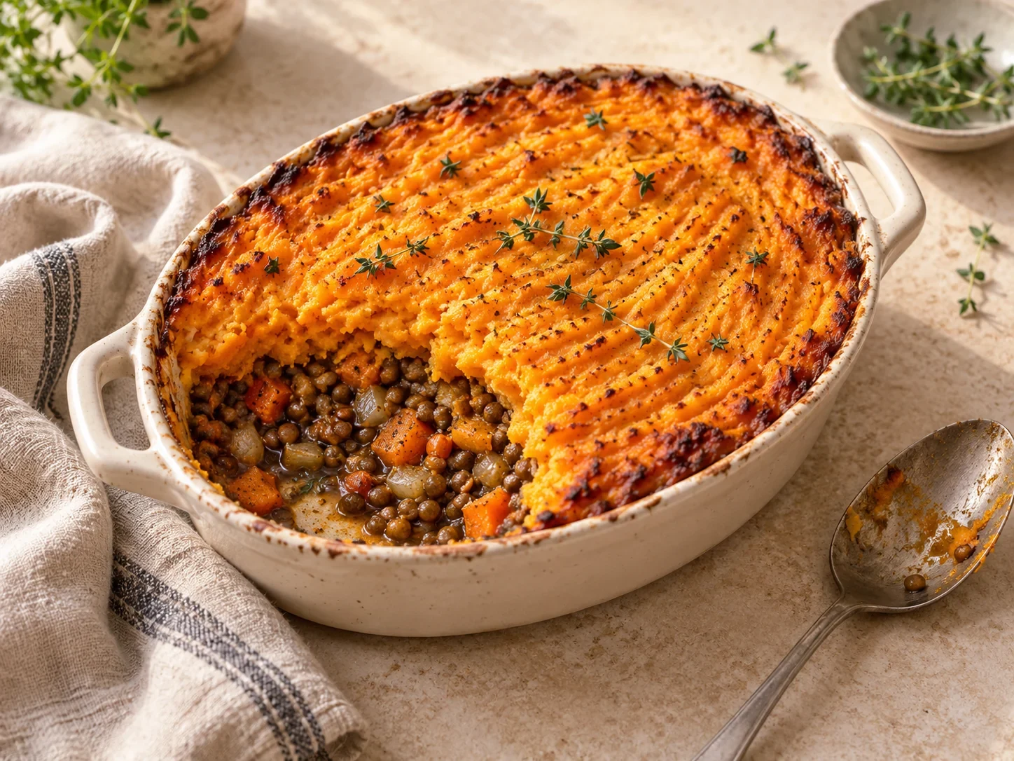 Parmentier végétarien de lentilles, patate douce et légumes rôtis
